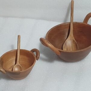 Brown Wooden Bowl with Handle & Spoon – Handcrafted Serving Bowl | Goliya Craft & Decor