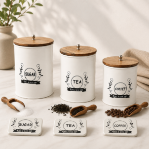 Tea-Sugar-Coffee Metal Jar with Wooden Lid