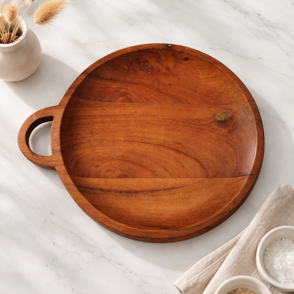 Handcrafted Wooden Pizza Serving Board with Handle – Round Pizza Platter