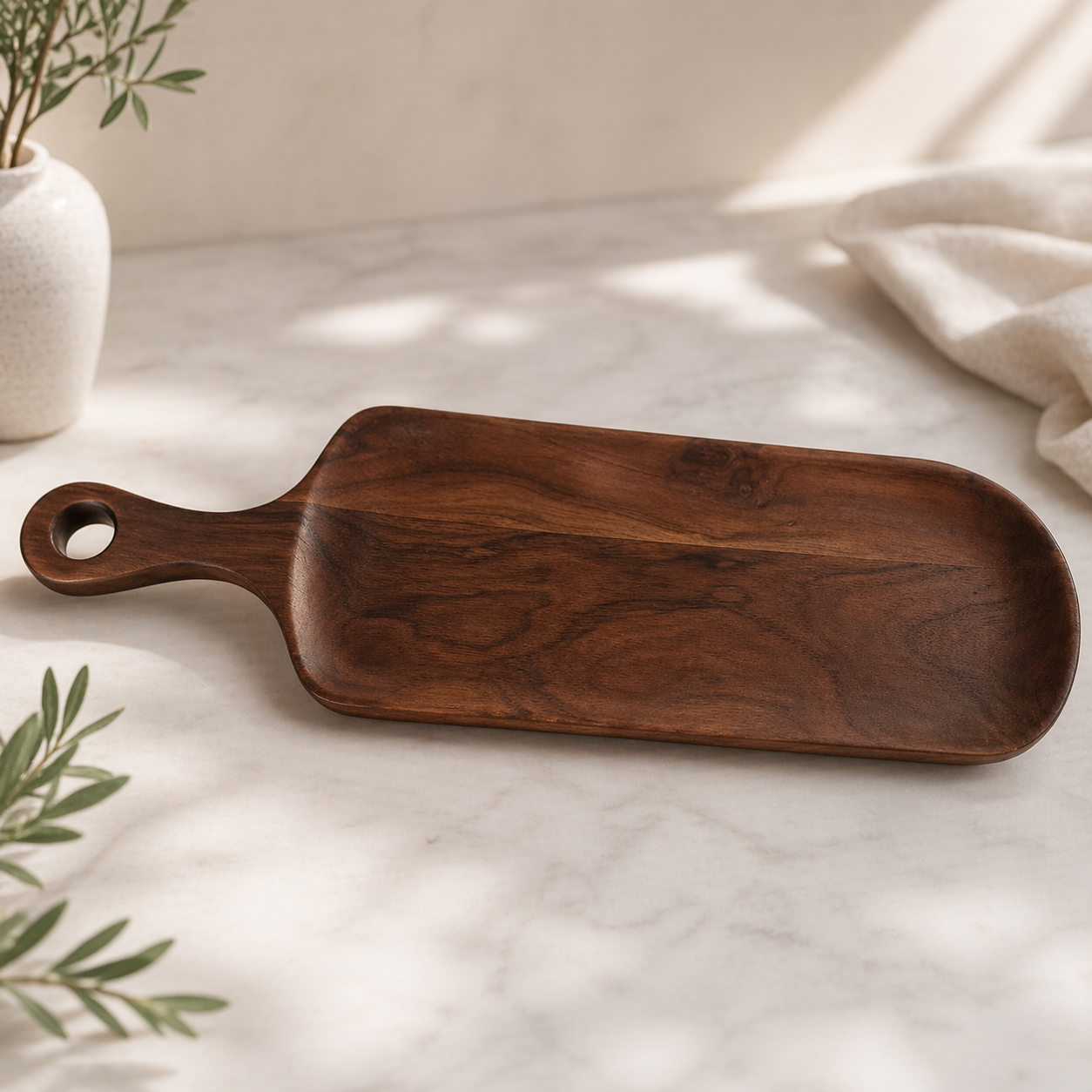 Handcrafted Acacia Wood Serving Platter with Handle – Long Rectangular Snack & Dry Fruit Platter