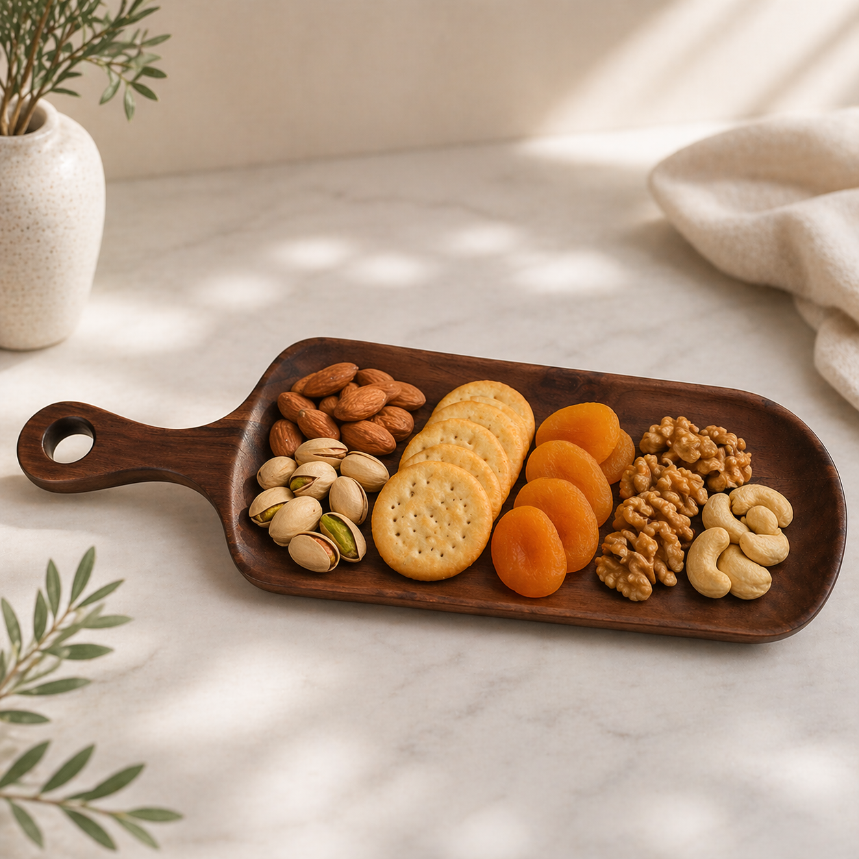 Handcrafted Acacia Wood Serving Platter with Handle – Long Rectangular Snack & Dry Fruit Platter