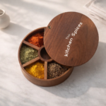Handcrafted Wooden Spice Box with Compartments & Lid – Round Kitchen Masala Organizer