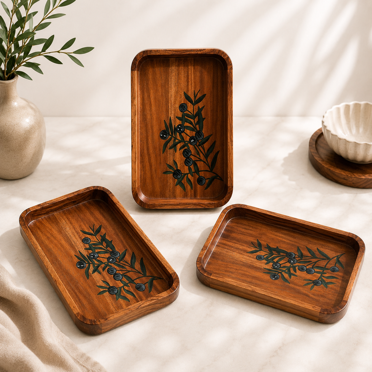 Acacia Wood Handcrafted Serving Tray with Hand-Painted Floral Design