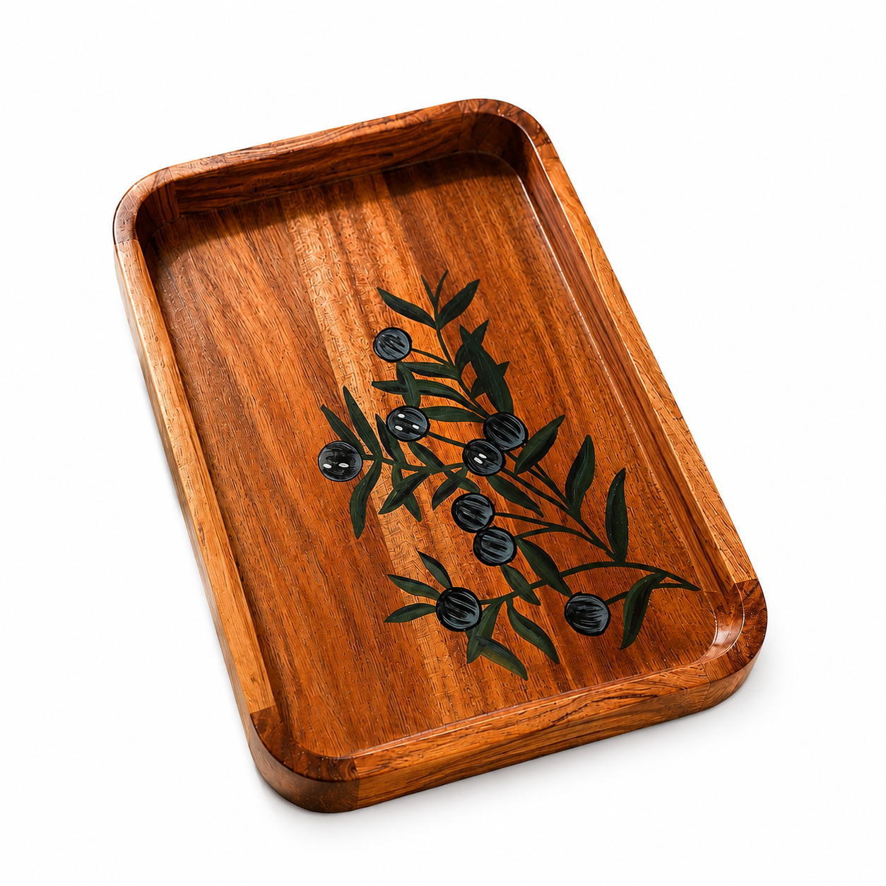 Acacia Wood Handcrafted Serving Tray with Hand-Painted Floral Design