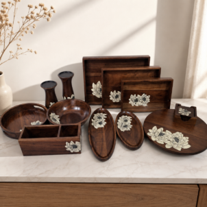 Acacia Wood Kitchen & Dining Collection with Hand-Painted White Floral Design