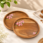 Handcrafted Wooden Round Serving Tray Set with Floral Hand-Painted Design – Set of 2