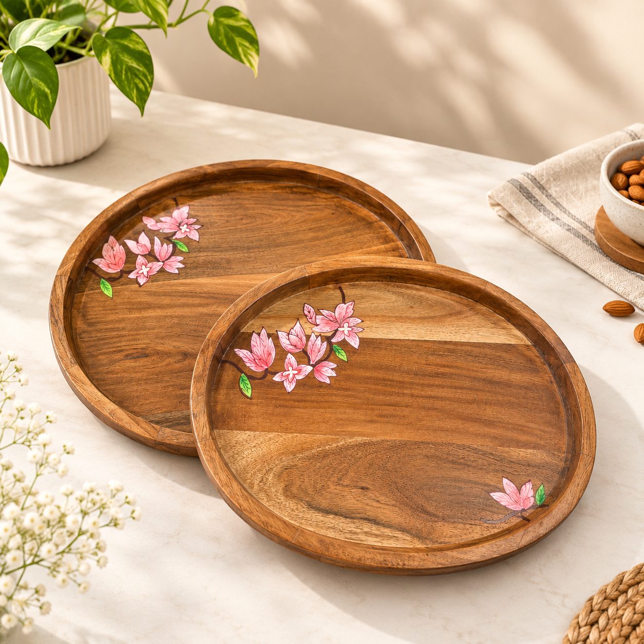 Handcrafted Wooden Round Serving Tray Set with Floral Hand-Painted Design – Set of 2