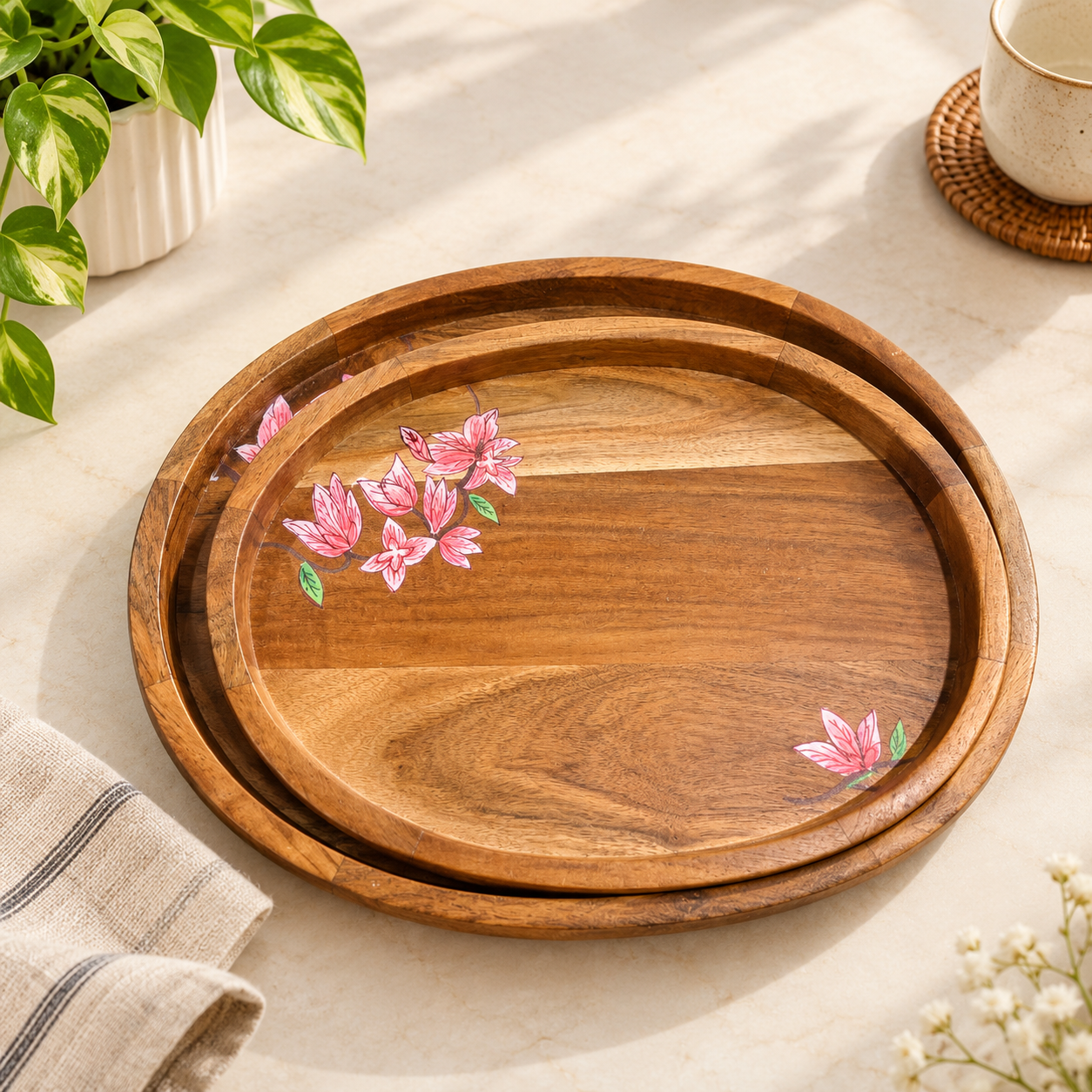 Handcrafted Wooden Round Serving Tray Set with Floral Hand-Painted Design – Set of 2
