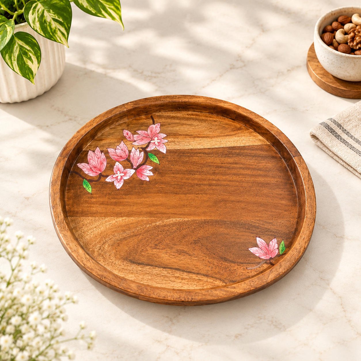 Handcrafted Wooden Round Serving Tray Set with Floral Hand-Painted Design – Set of 2