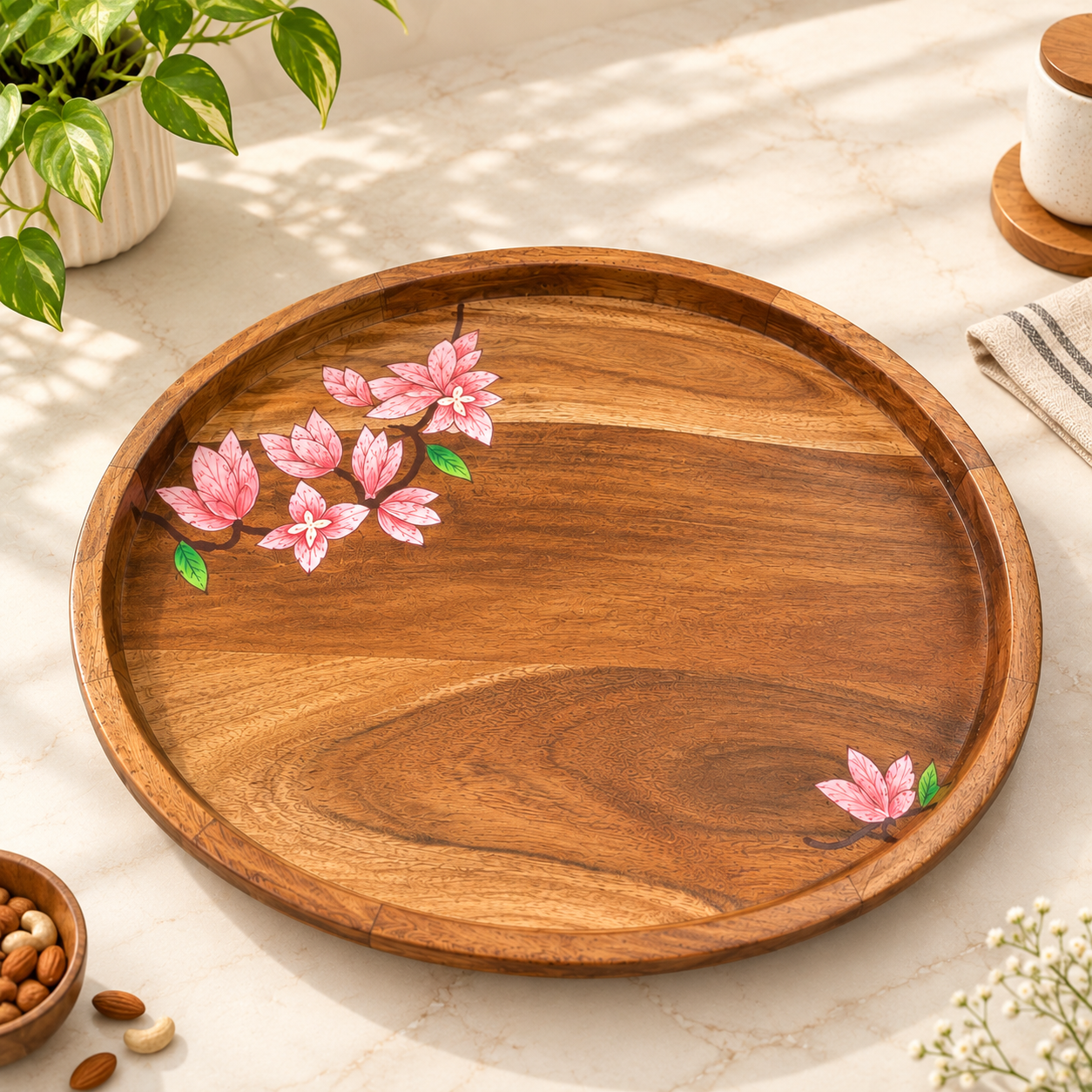 Handcrafted Wooden Round Serving Tray Set with Floral Hand-Painted Design – Set of 2