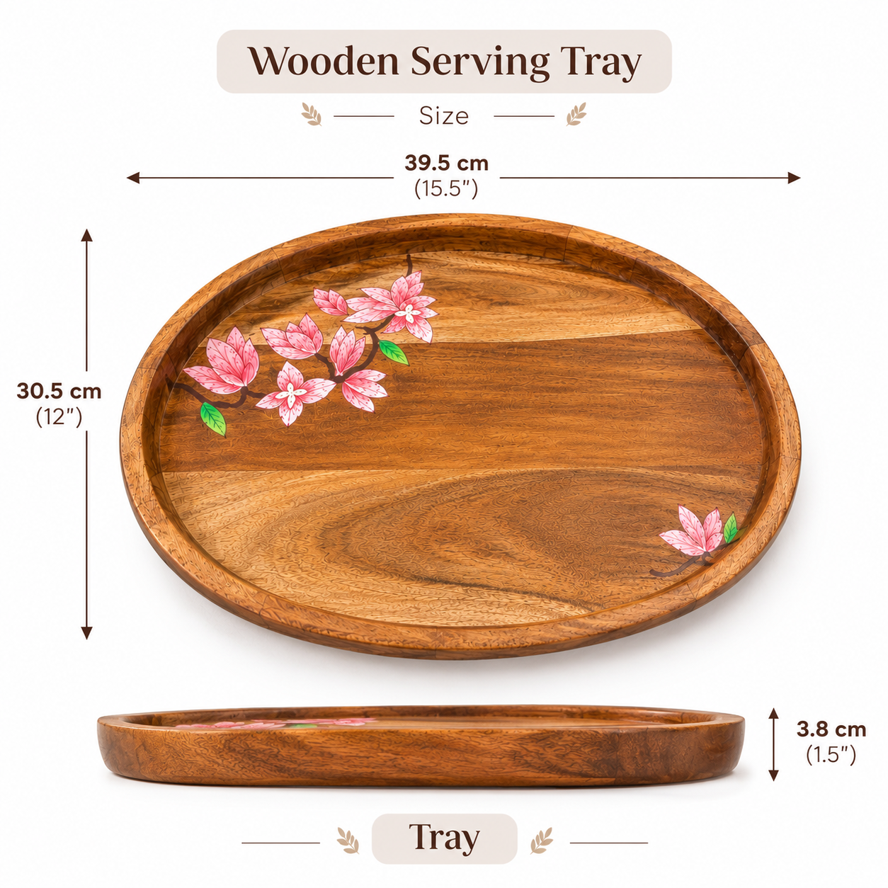 Handcrafted Wooden Round Serving Tray Set with Floral Hand-Painted Design – Set of 2