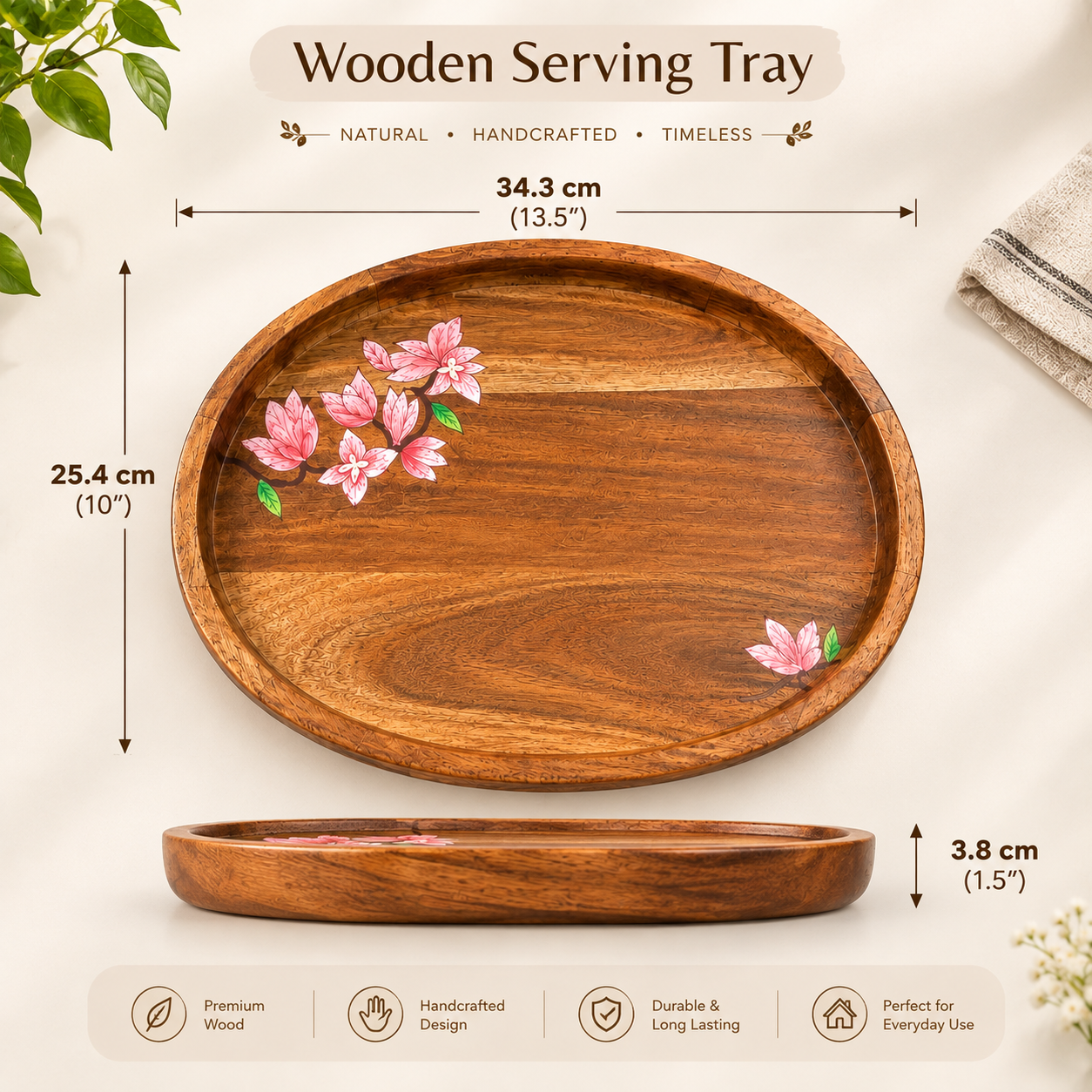 Handcrafted Wooden Round Serving Tray Set with Floral Hand-Painted Design – Set of 2