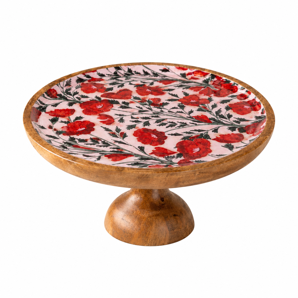 Handcrafted Acacia Cake Stand with Red Floral Design & Resin Coating – Goliya Craft & Decor