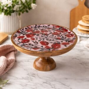 Handcrafted Acacia Cake Stand with Red Floral Design & Resin Coating – Goliya Craft & Decor